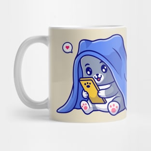 Cute Cat Playing Phone In Blanket Cartoon Mug